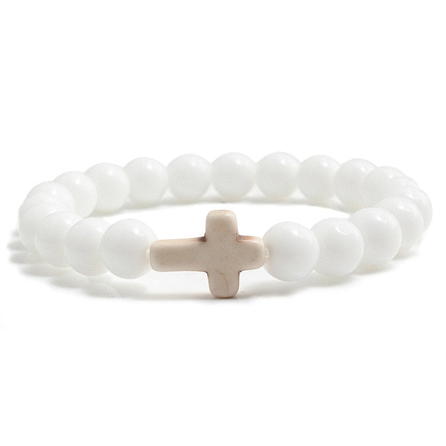 Natural Stone Bracelet W/Cross Multi Colors Available