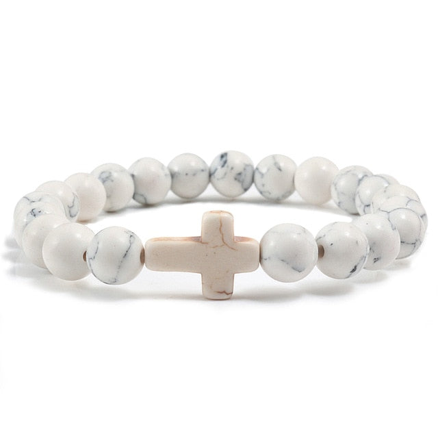 Natural Stone Bracelet W/Cross Multi Colors Available