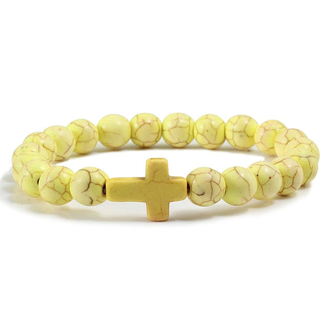 Natural Stone Bracelet W/Cross Multi Colors Available