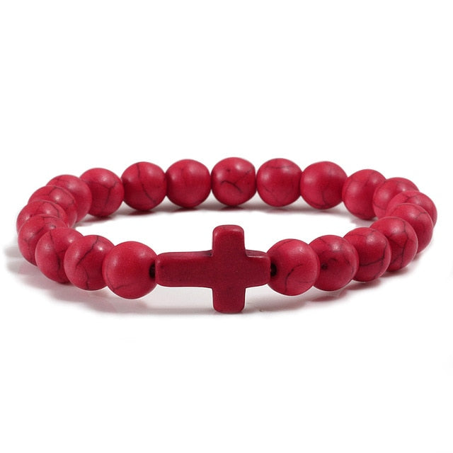 Natural Stone Bracelet W/Cross Multi Colors Available